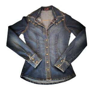 Y2K Jami Joolz Crystal Studded Denim Shirt Small Snap RARE Ultra Stretch NWOT